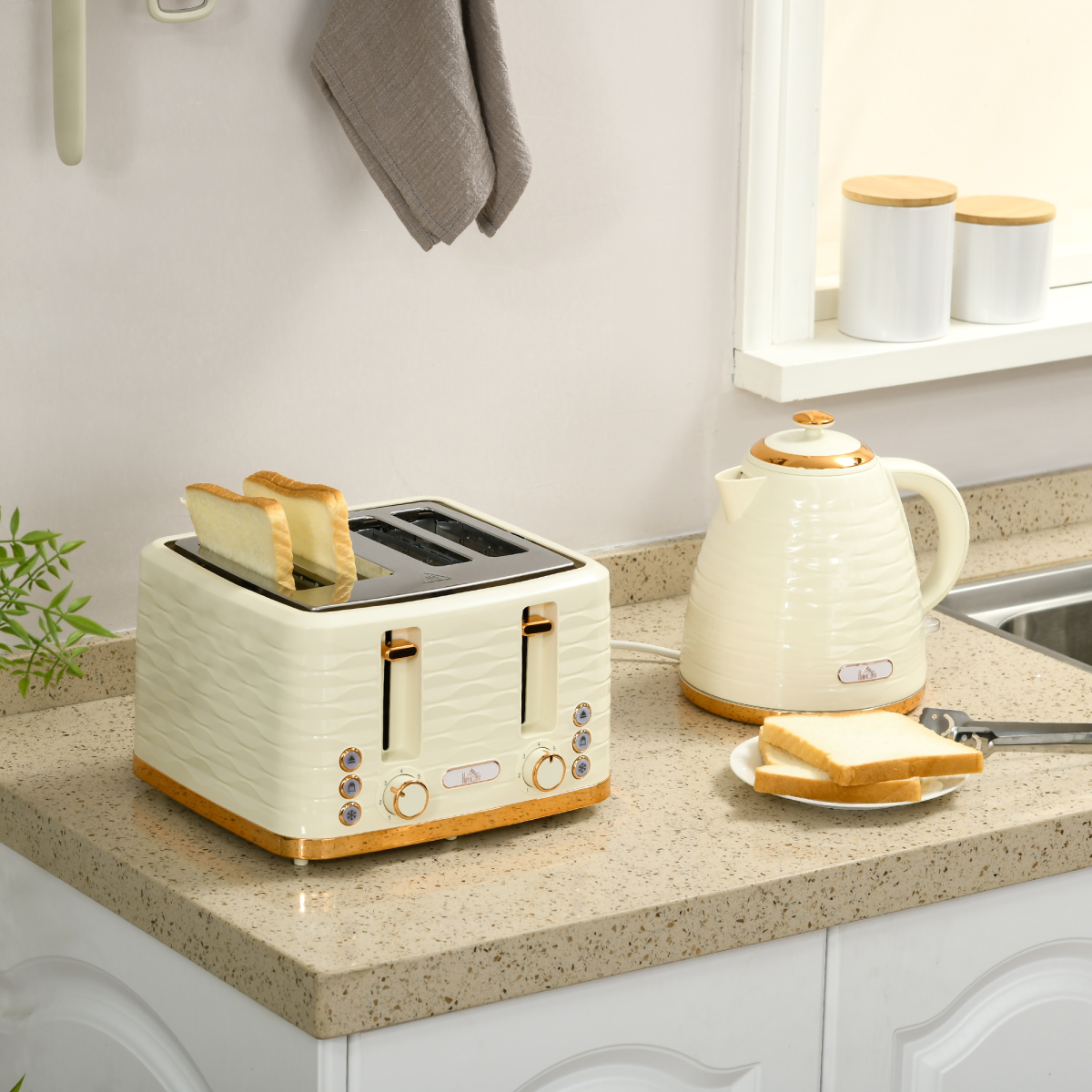 Chic 1.7L Rapid Boil Kettle & 4-Slice Toaster Set - Beige Elegance
