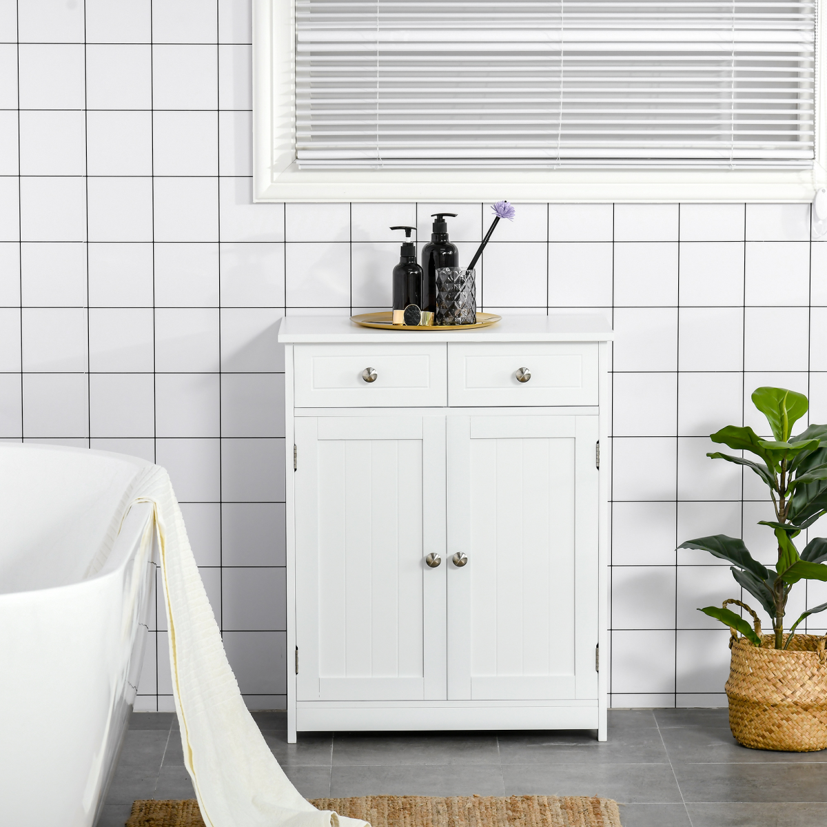 Elegant White Bathroom Storage Cabinet with Drawers & Cupboard - Sleek & Durable