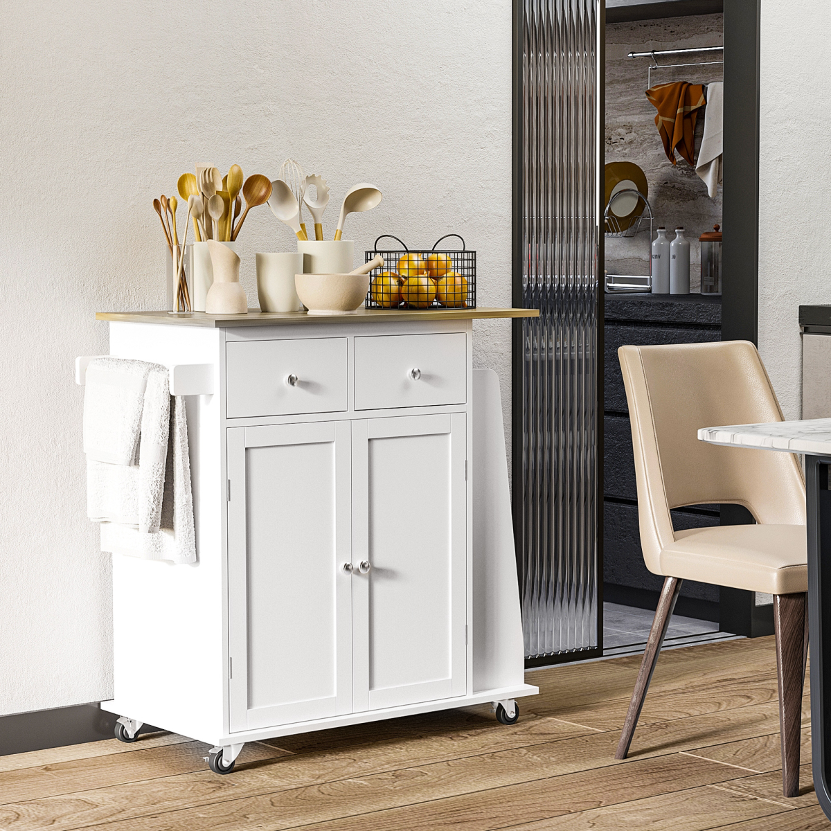 Versatile Kitchen Island with Rubberwood Top & 3-Tier Spice Rack for Easy Storage