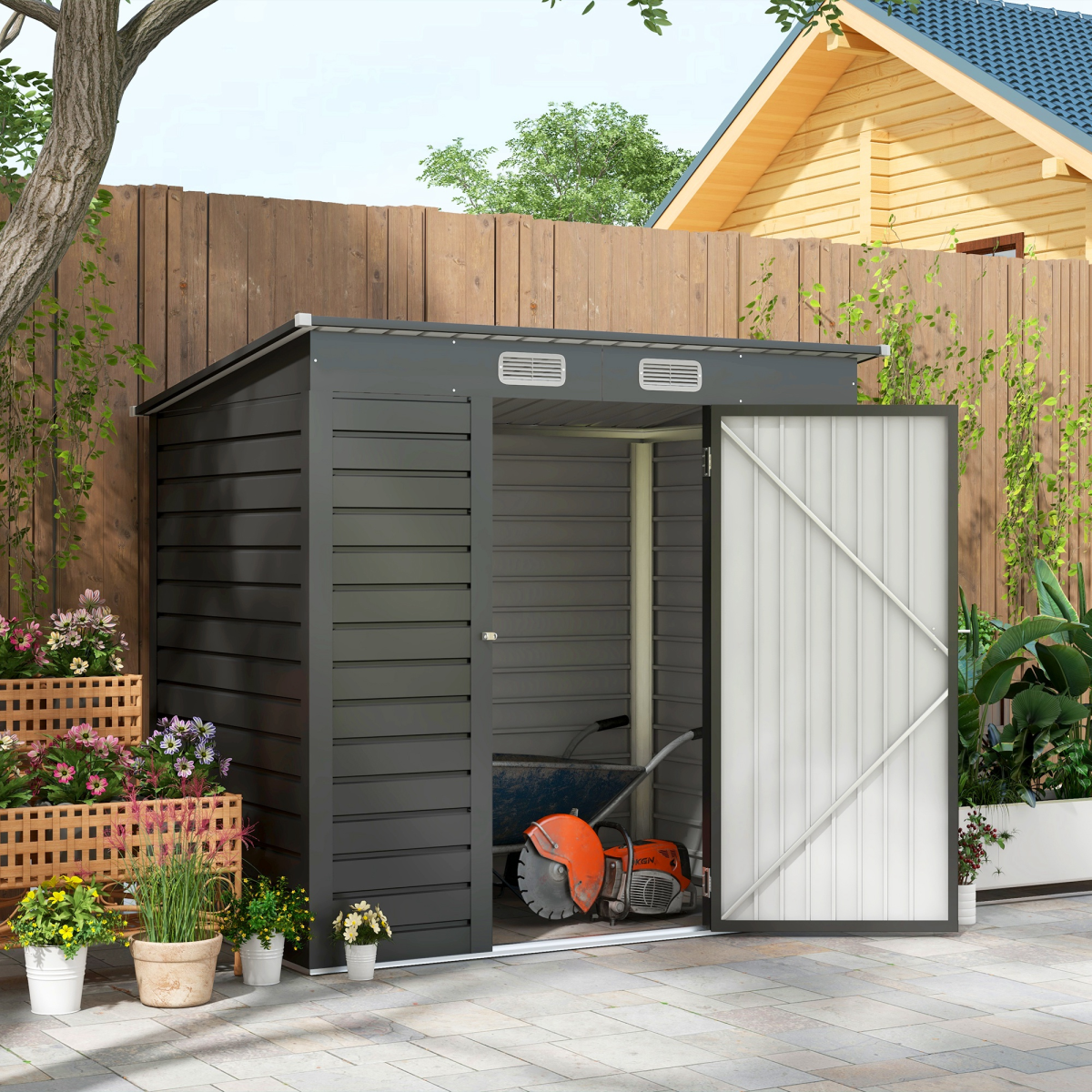 6.3x4.3ft Galvanised Steel Garden Shed with Lockable Door, Grey