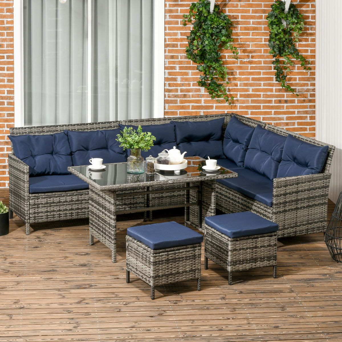 6-Piece Patio Wicker Sofa Set with Glass Table & Cushions - Dark Blue