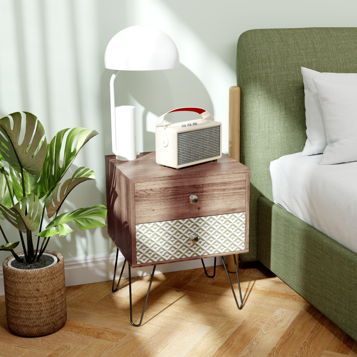 Elegant Boho Bedside Table with Storage - Stylish Wood Grain & Hairpin Legs