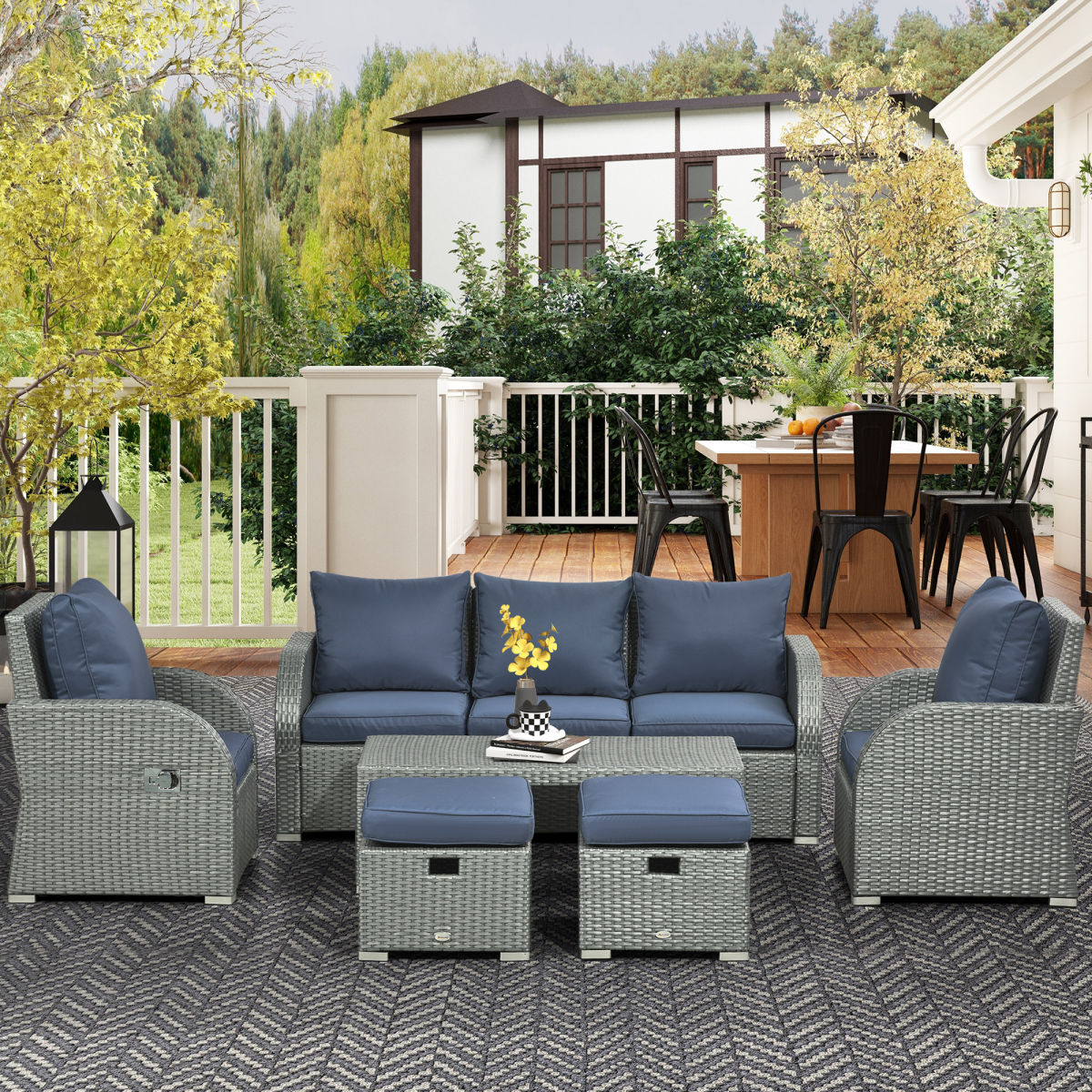 6pc Padded Outdoor Rattan Set: 2 Recliners 3-Seat Sofa Footstools Table