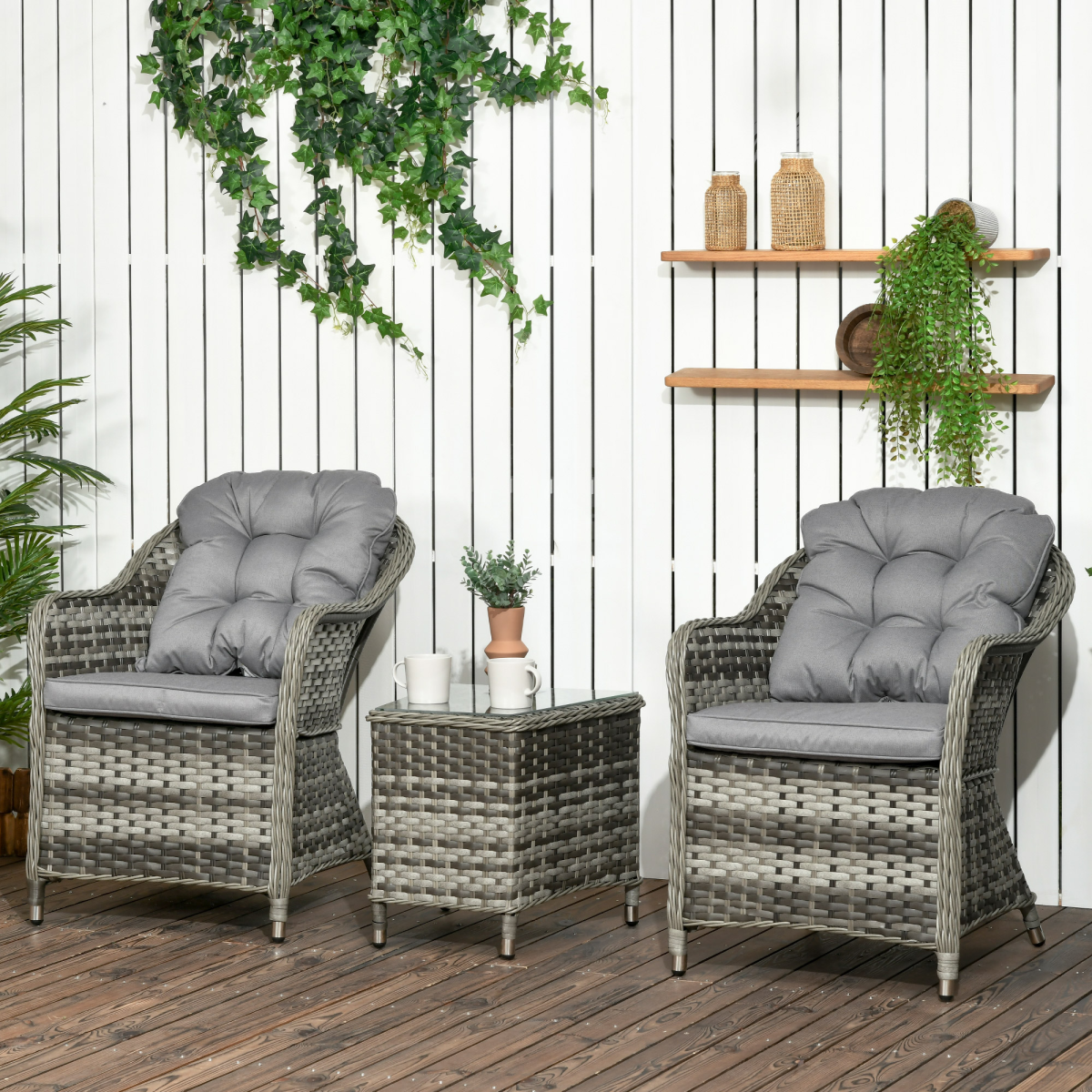 3-Piece Aluminium Rattan Bistro Set with Cushions & Glass Top