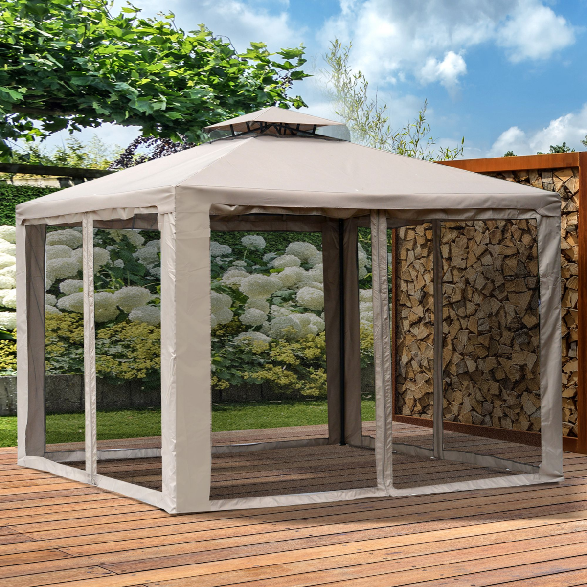 2-Tier Gazebo with Netting, 295x295x263 cm, Taupe