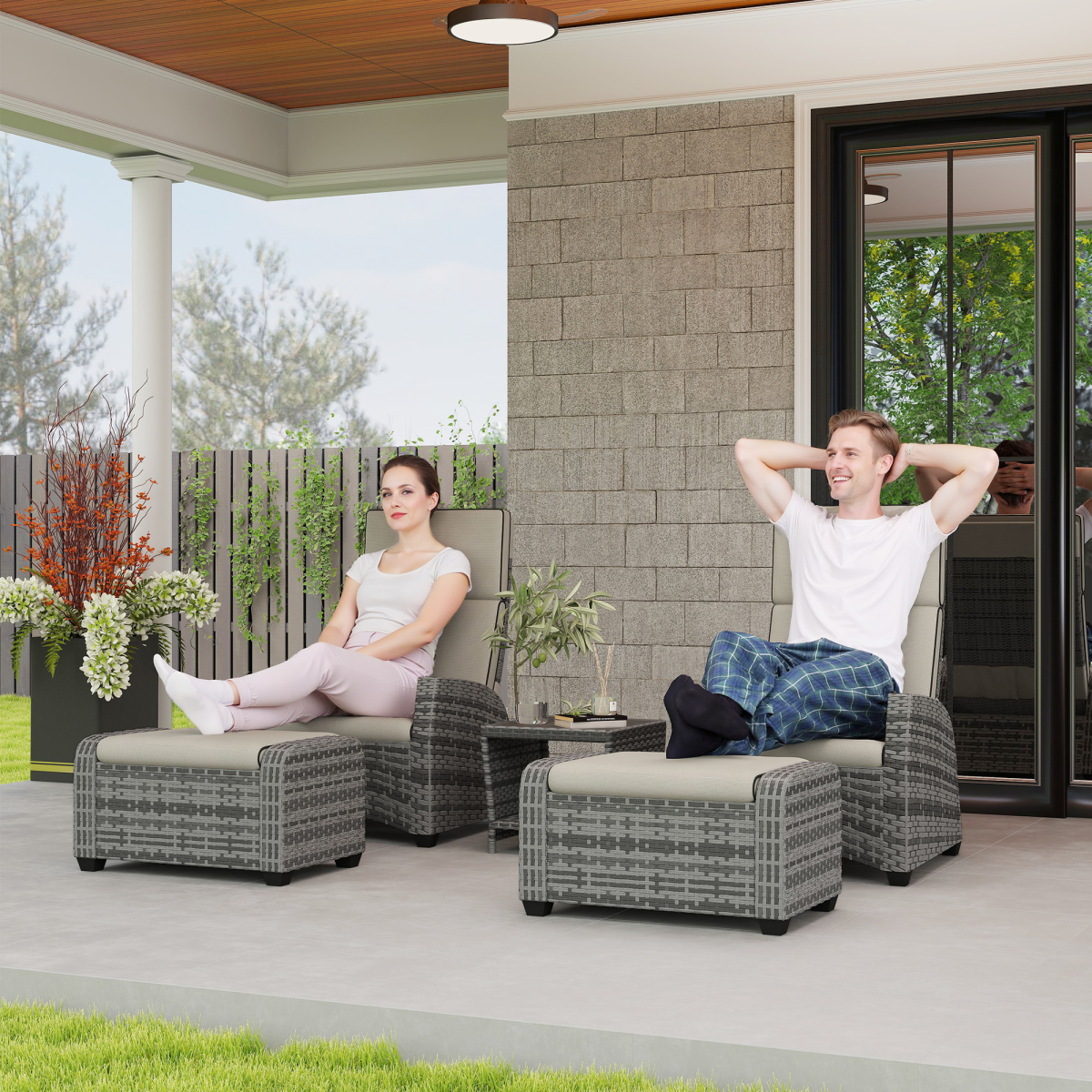 Elegant 5-Piece Grey Rattan Garden Set with Reclining Comfort