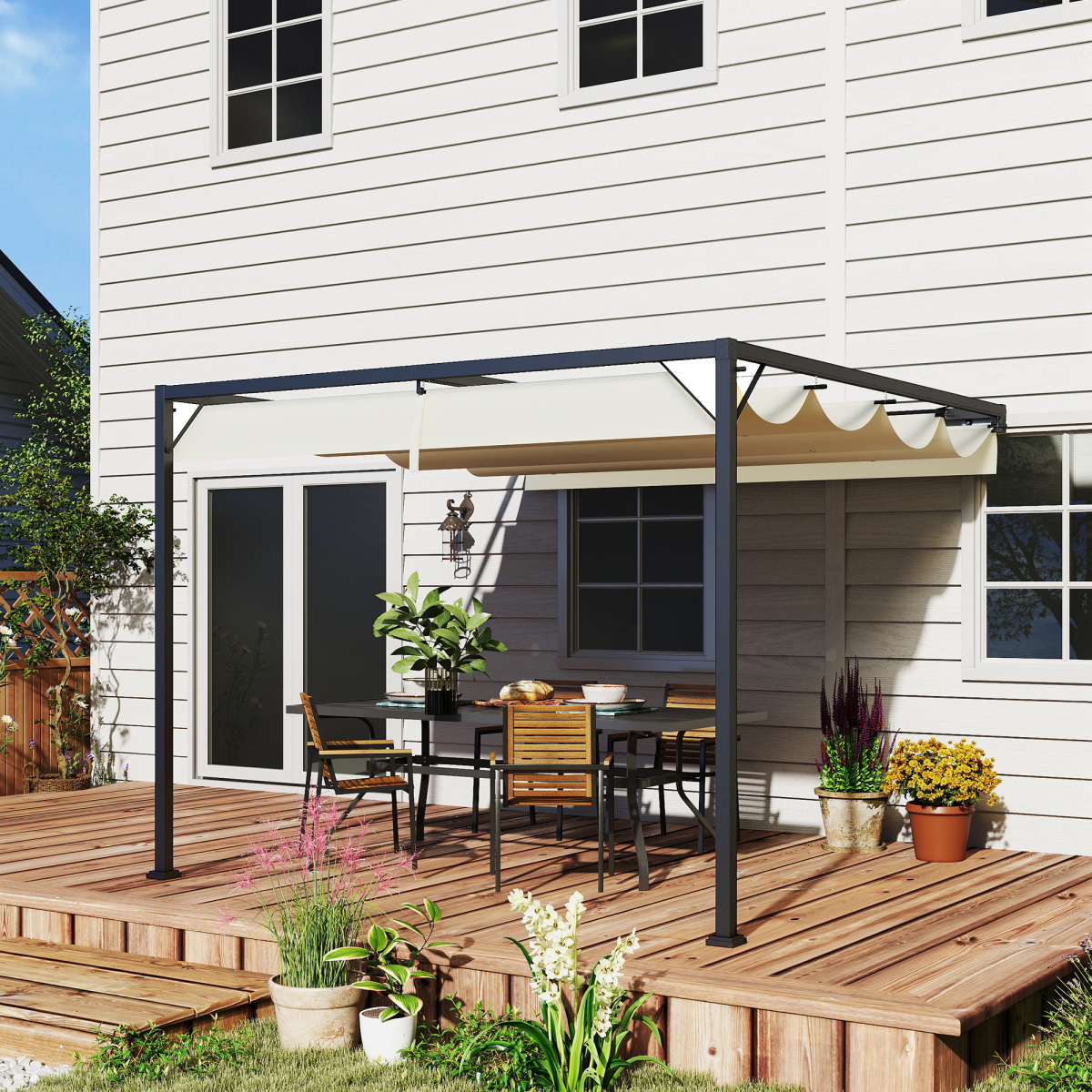 3x3m Wall-Mounted Pergola with Retractable Canopy - Cream Shade Master