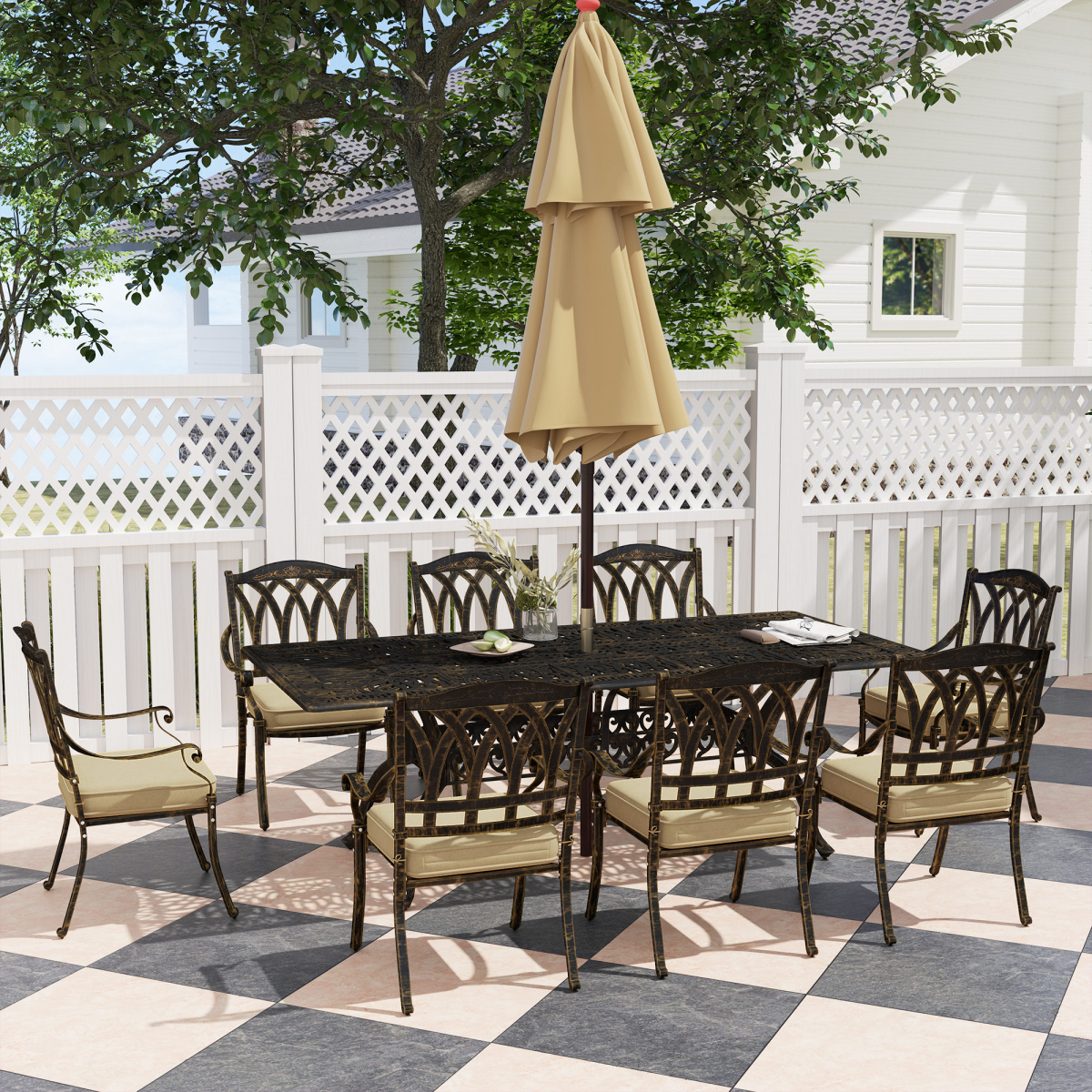 Elegant Nine-Piece Outdoor Dining Set with Cushions & Parasol Hole