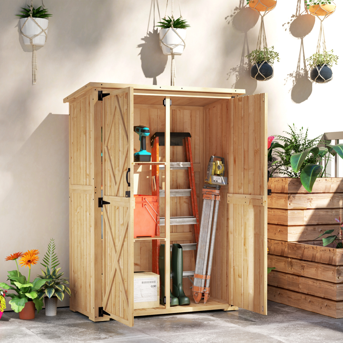 Wood Tool Cabinet with Double Doors - Natural Finish
