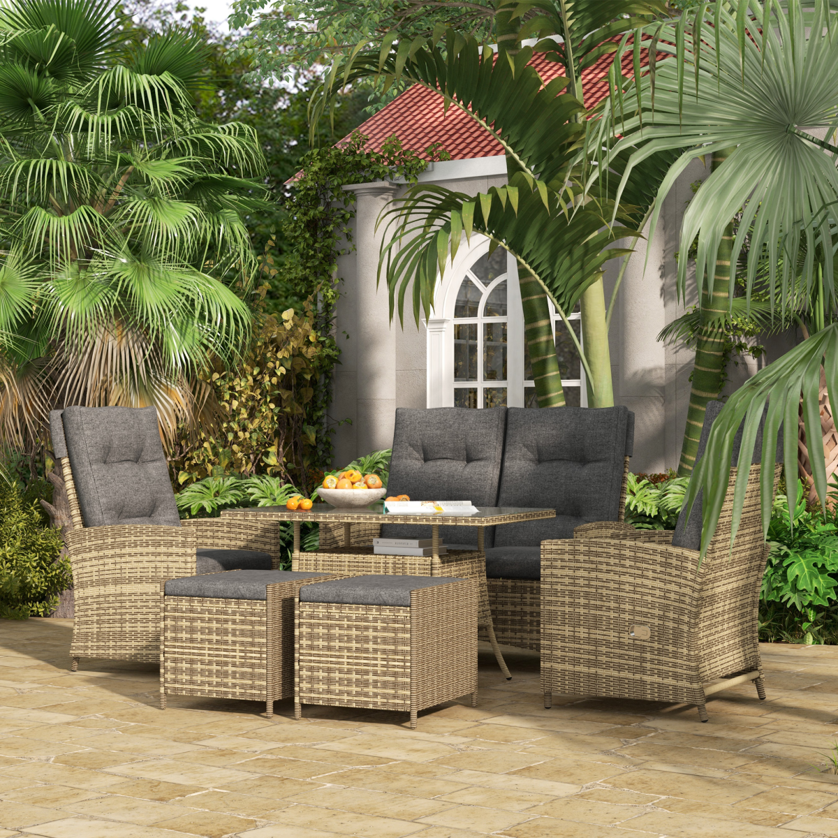 6-Piece Rattan Outdoor Table & Chairs Set with Cushions, Grey