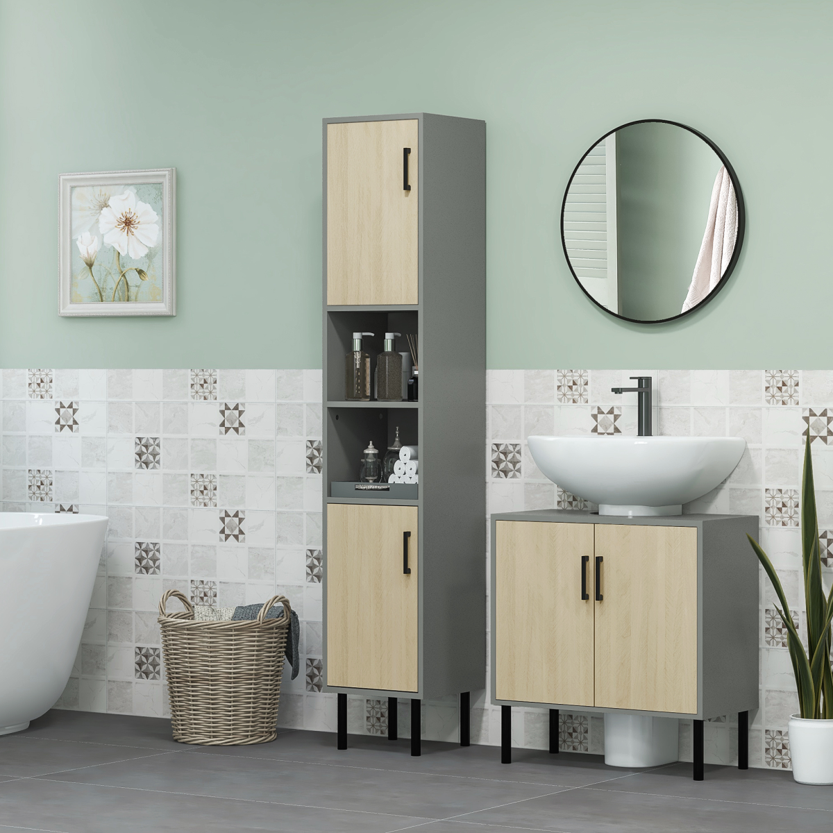 Kleankin Slim Tall Bathroom Cabinet - 2 Cupboards, 2 Shelves, Anti-Tip