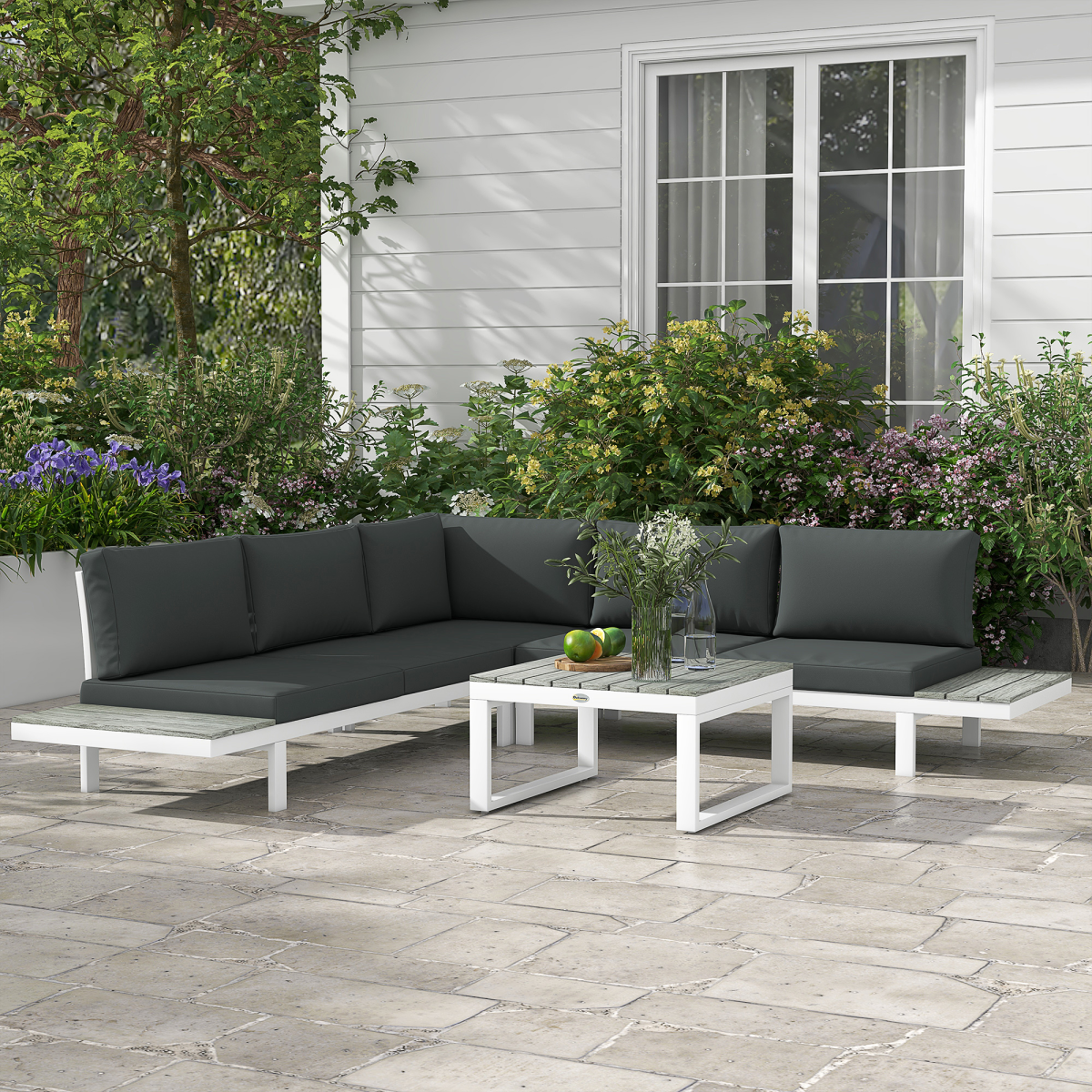 4-Piece Garden Set with Reclining Corner Sofa - White