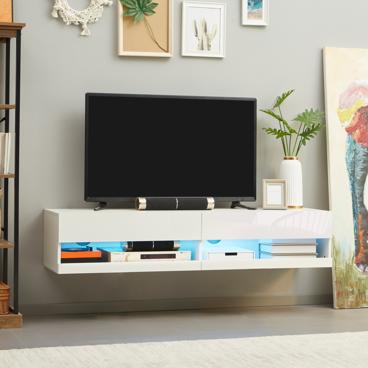 Modern High Gloss Floating TV Stand with LED Lights & Storage - White
