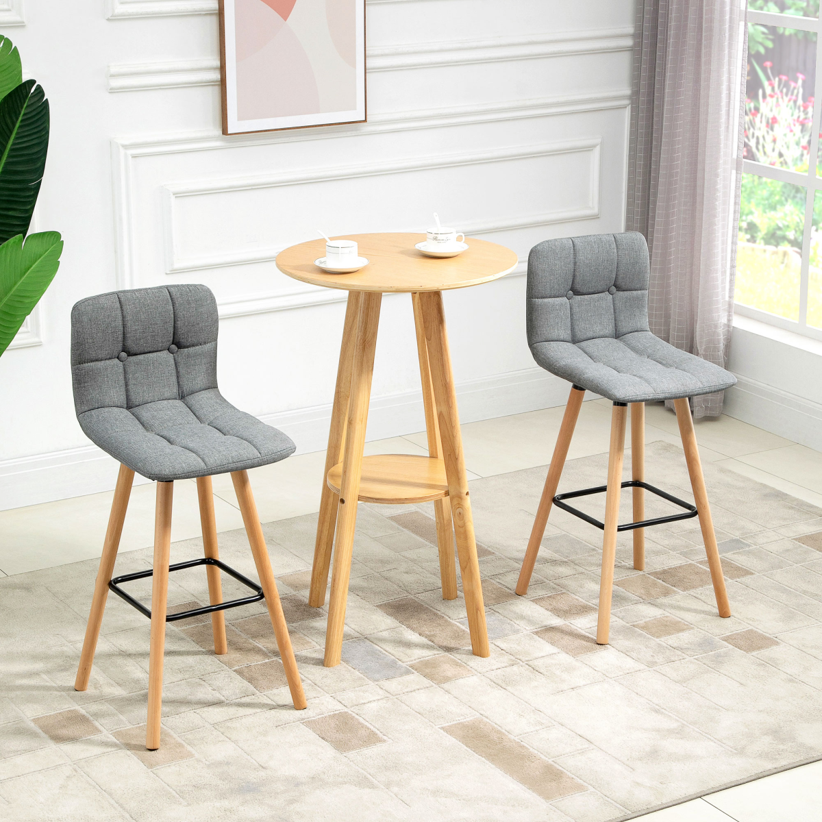 Grey Bar Stool Set of 2: Armless, Button-Tufted, Counter Height