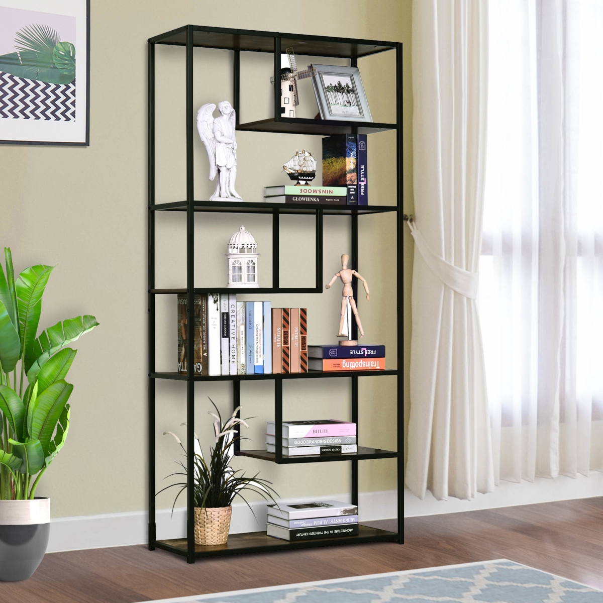 Industrial 6-Tier Wood Bookshelf - Stylish Living Room Display Rack