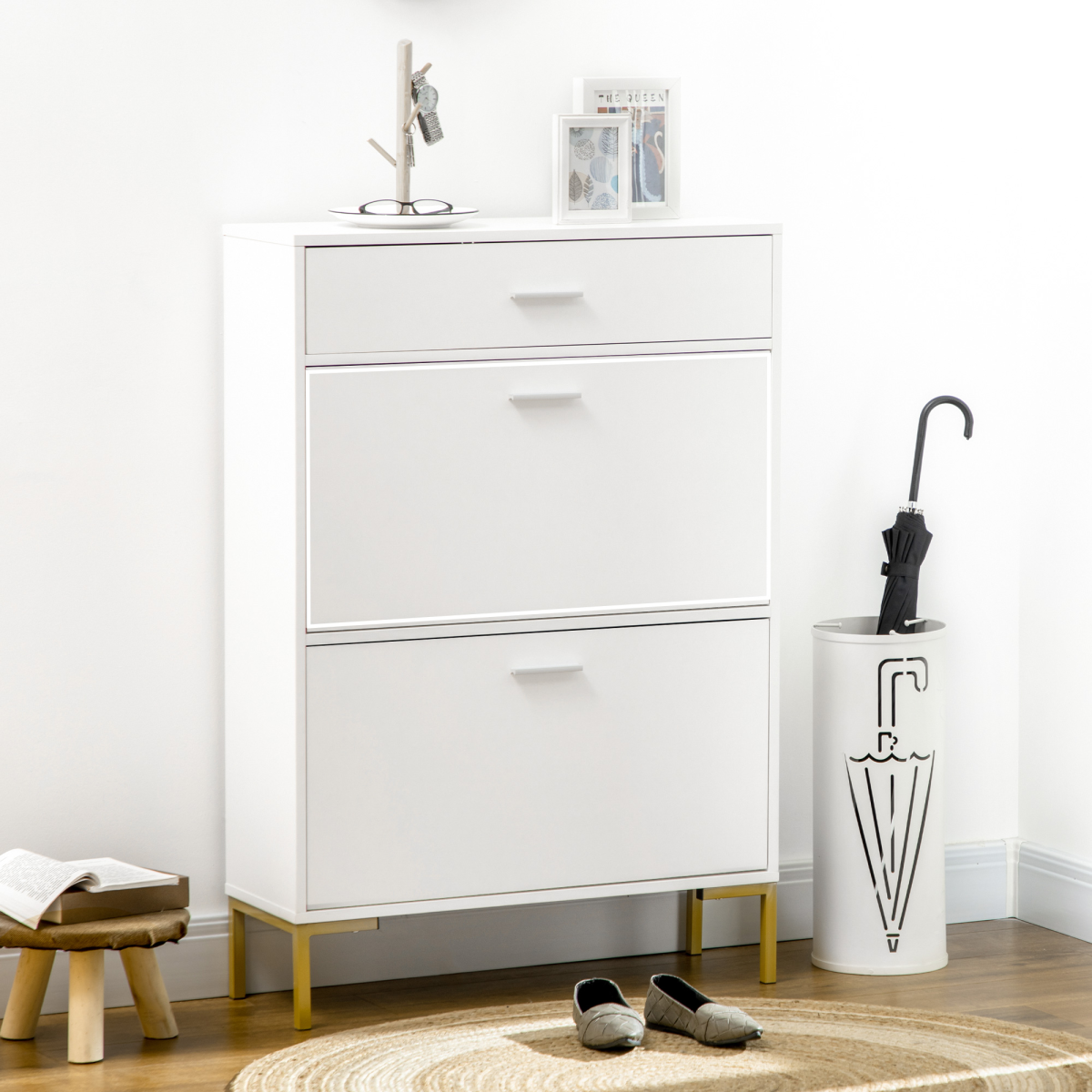 Chic 12-Pair Shoe Storage Cabinet with Flip Drawers & Elegant Gold Accents