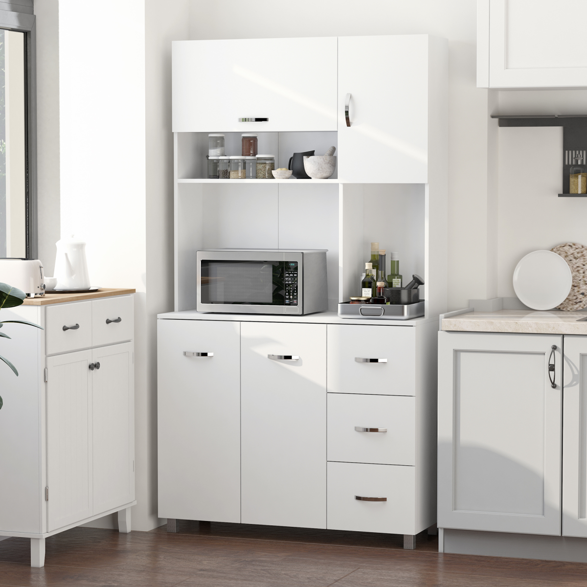 Versatile Freestanding Kitchen Storage Cabinet with Adjustable Shelves & Drawers
