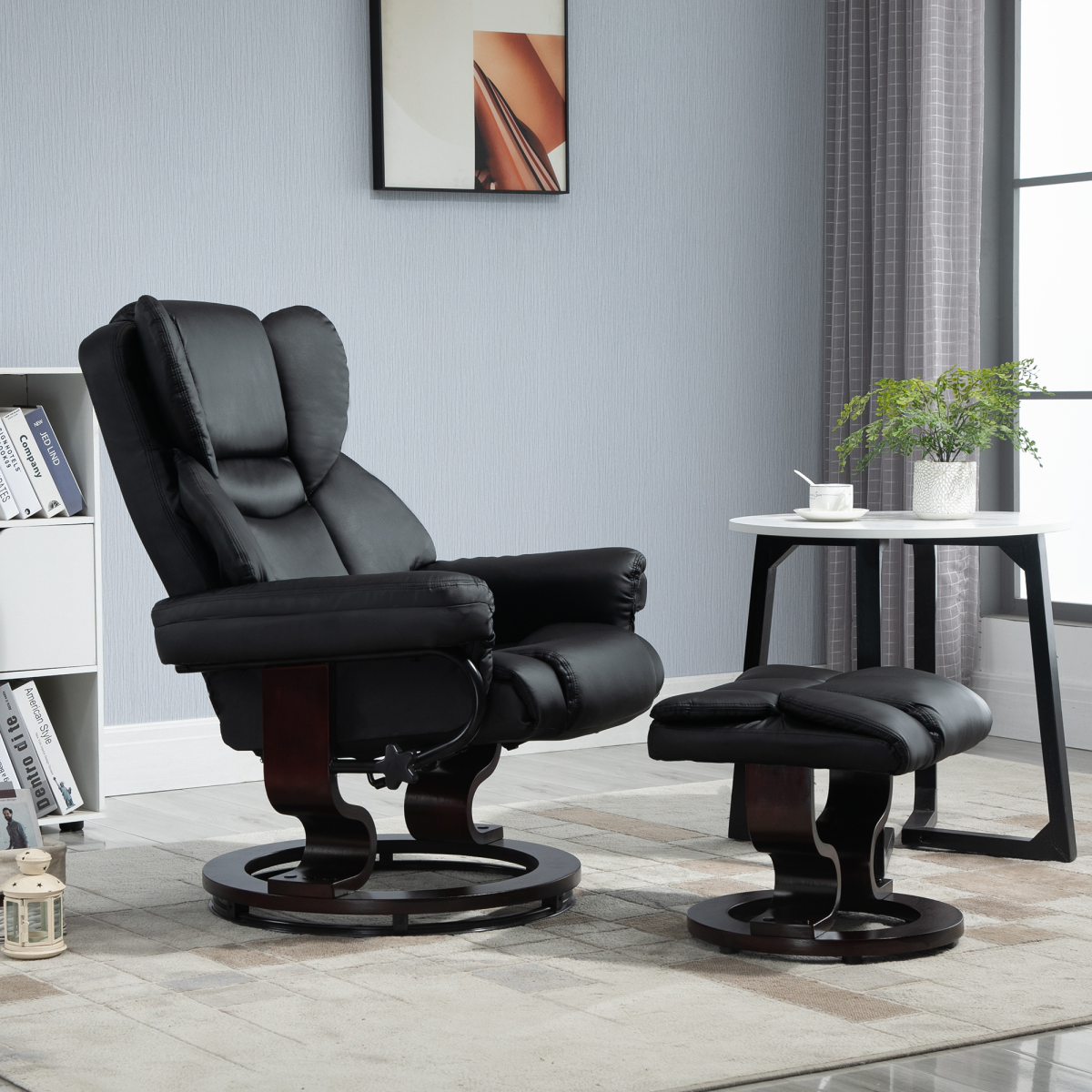 Black PU Leather Manual Recliner Armchair with Footstool