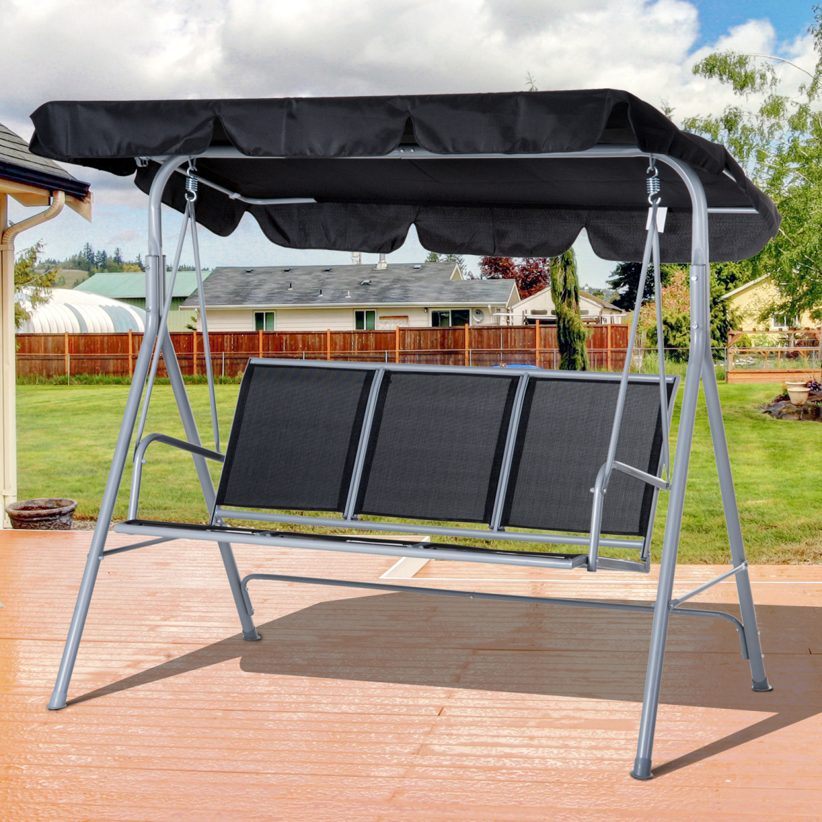Black Outdoor 3-Seater Swing Chair - Weatherproof Patio Comfort