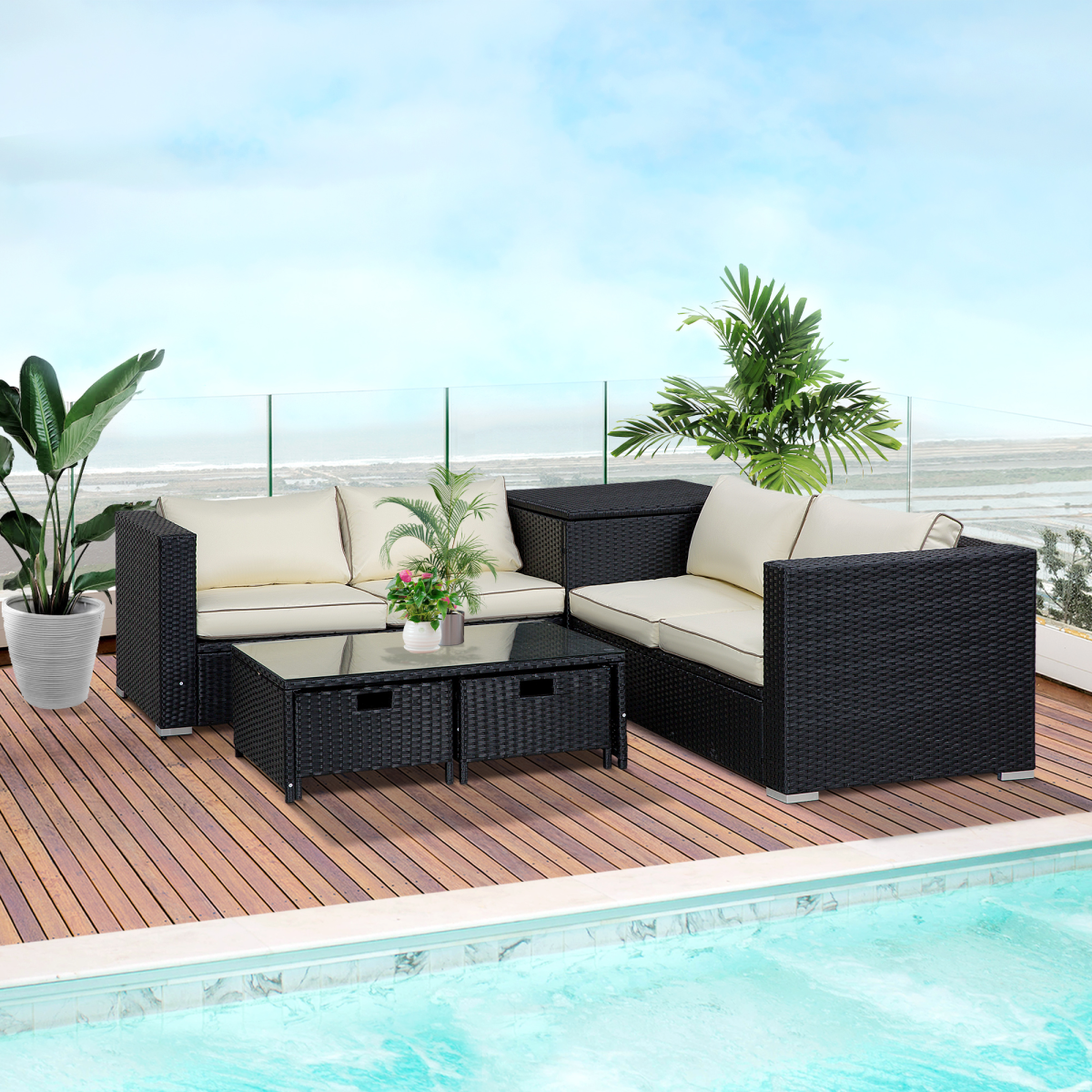 4-Seater Rattan Wicker Outdoor Sofa Set with Storage & Tables - Black