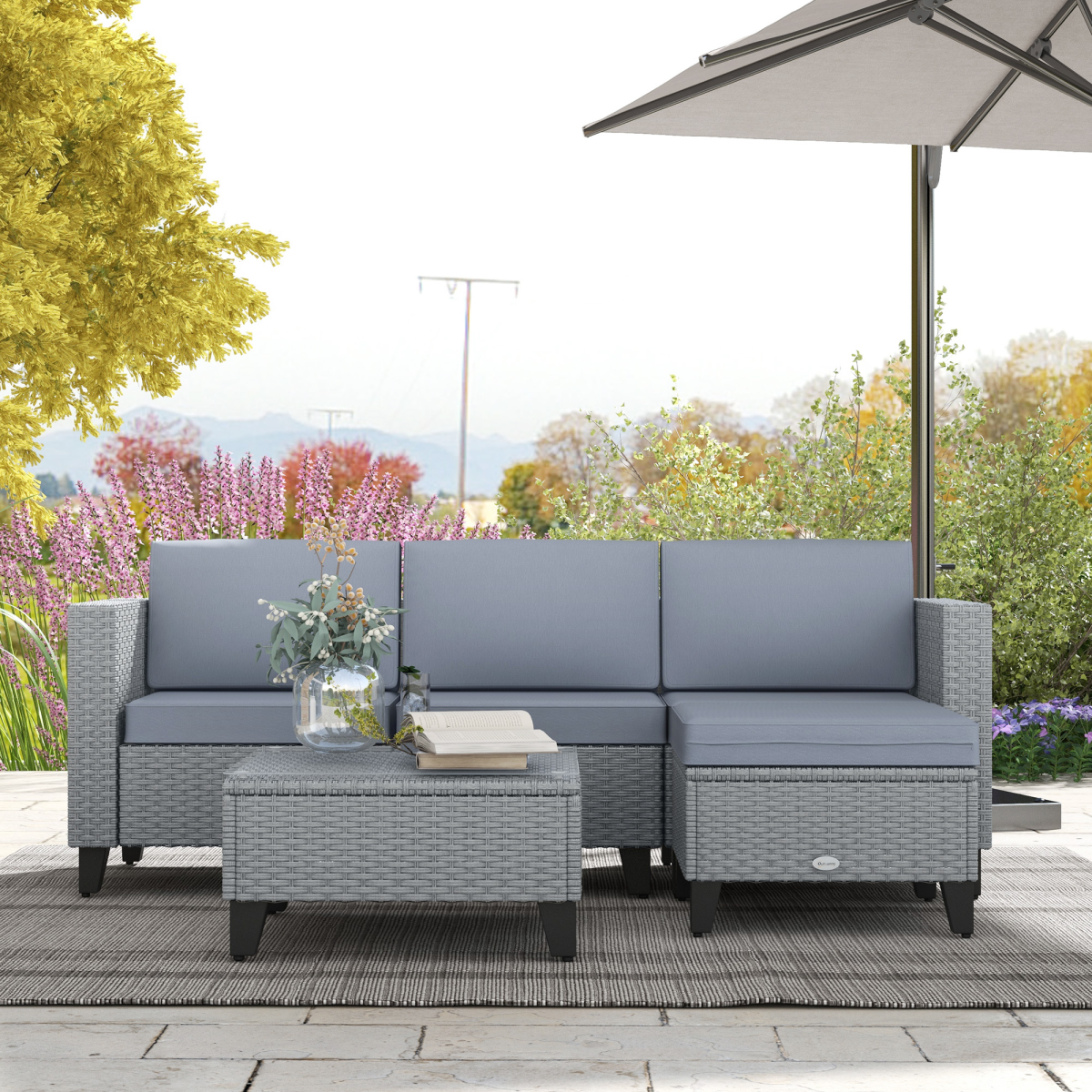 5-Piece Grey Rattan Garden Set with Glass Coffee Table