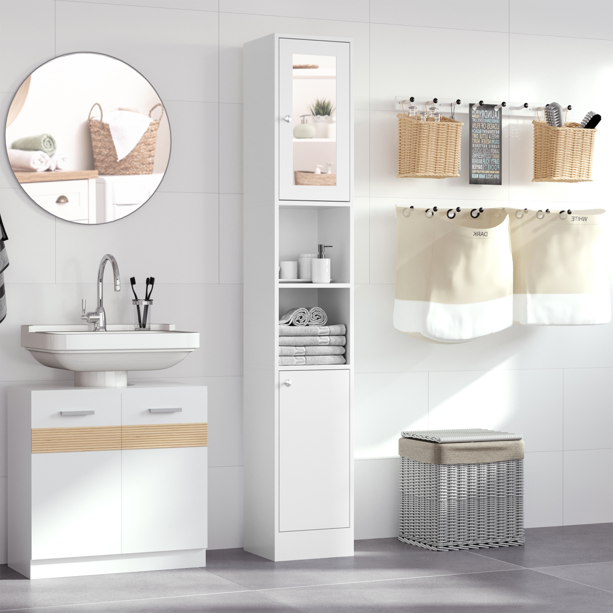 Elegant Tall Bathroom Storage Cabinet with Mirror & Adjustable Shelves