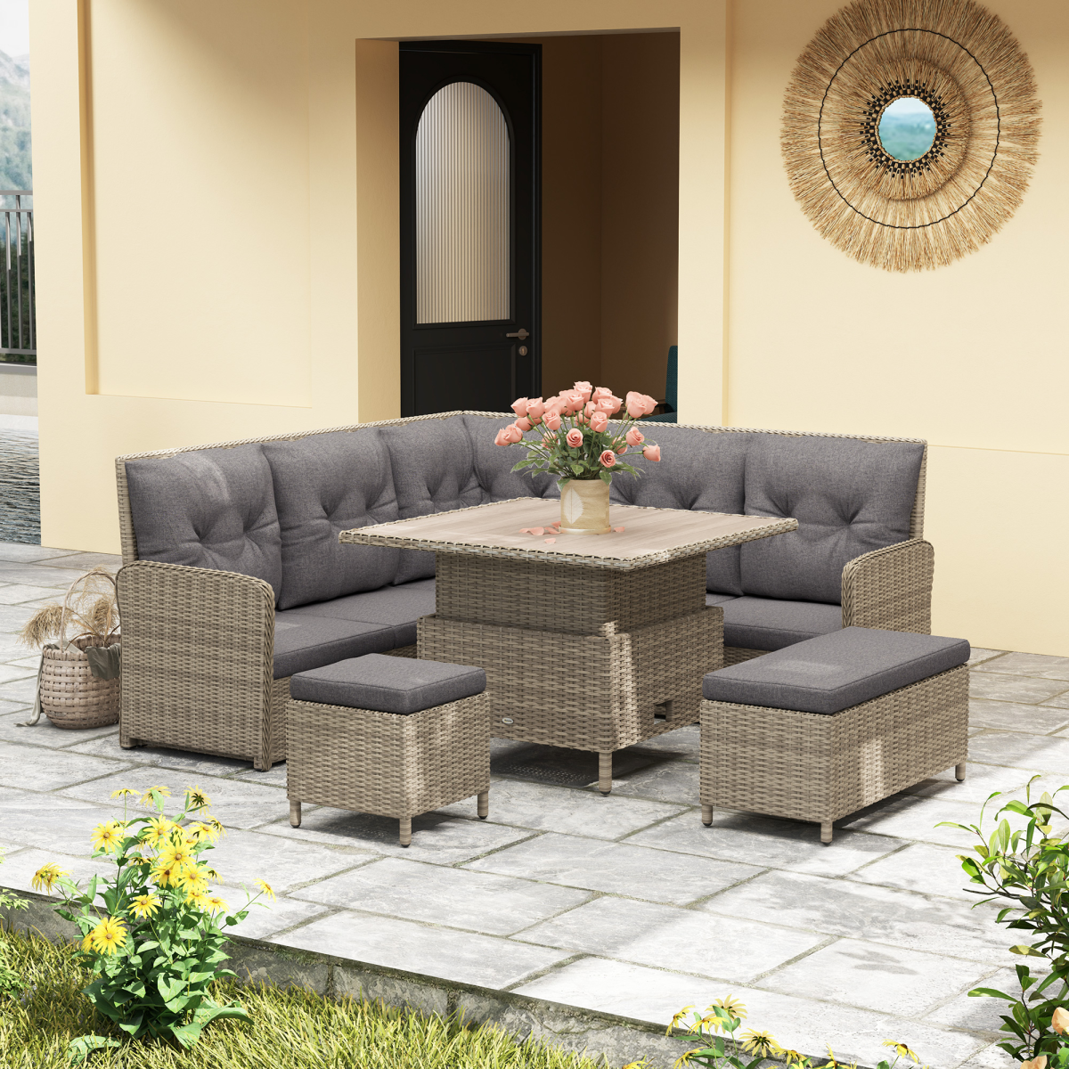 6-Piece Rattan Garden Sectional Sofa Set, Light Grey