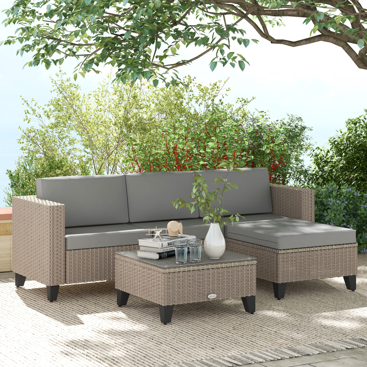 5-Piece Rattan Garden Set with Glass Coffee Table - Brown
