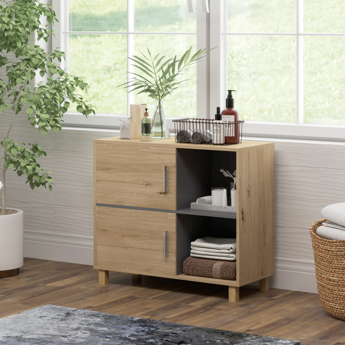 Sleek Bathroom Storage Cabinet - Stylish Dual Cupboards & Open Spaces!