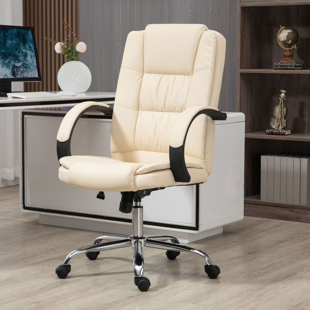 PU Leather Executive Office Chair - High Back, Height Adjustable, Beige
