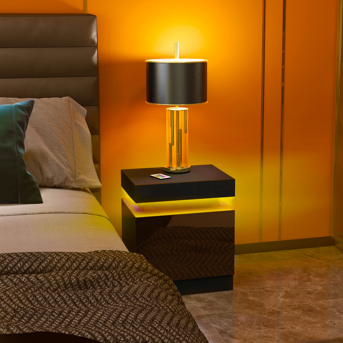 Illuminate Your Space: LED Bedside Table with 2 Drawers in Black
