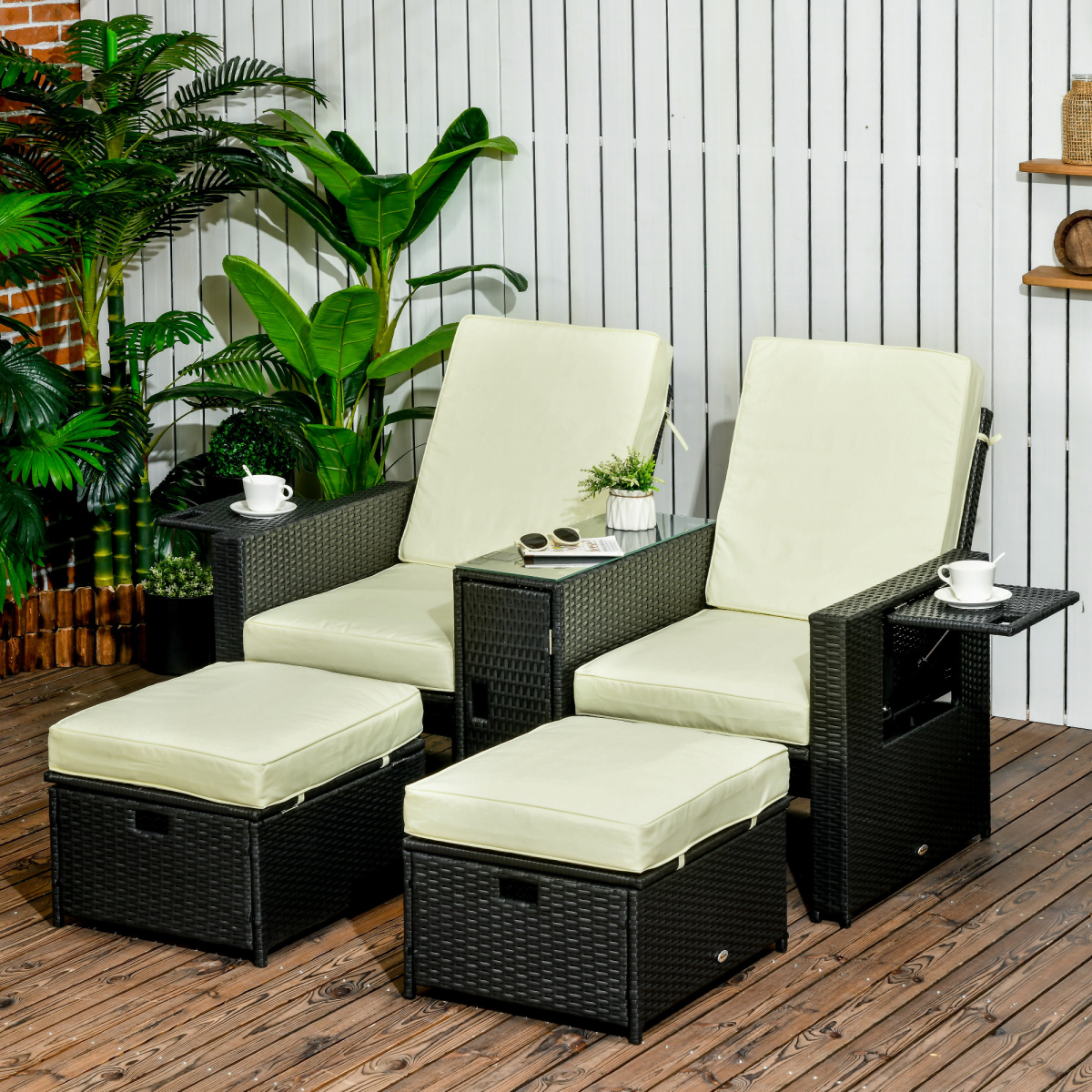5-Level Adjustable Rattan Sun Lounger with Storage Table & Footstools - Black