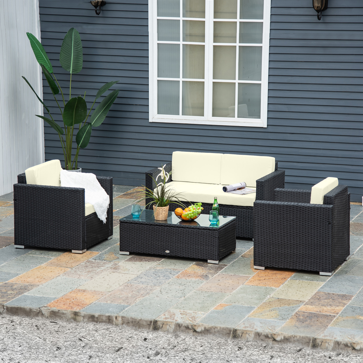 Steel-Black 4-Piece Rattan Sofa Set - Modern Outdoor Lounge