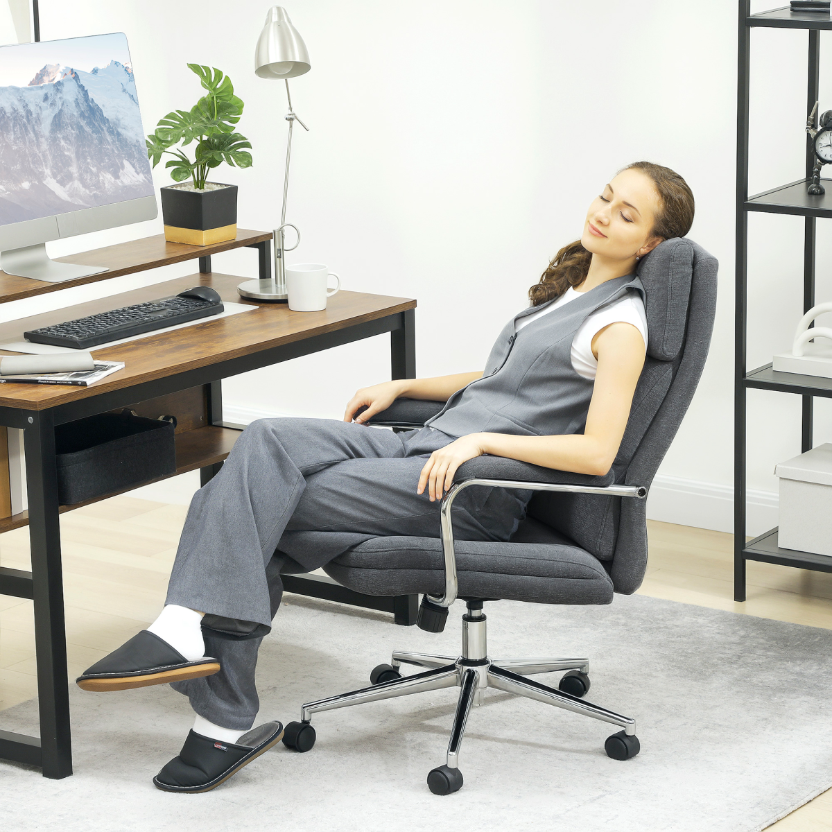 Ergonomic Charcoal Grey Linen Office Desk Chair with Tilt & Supportive Cushion