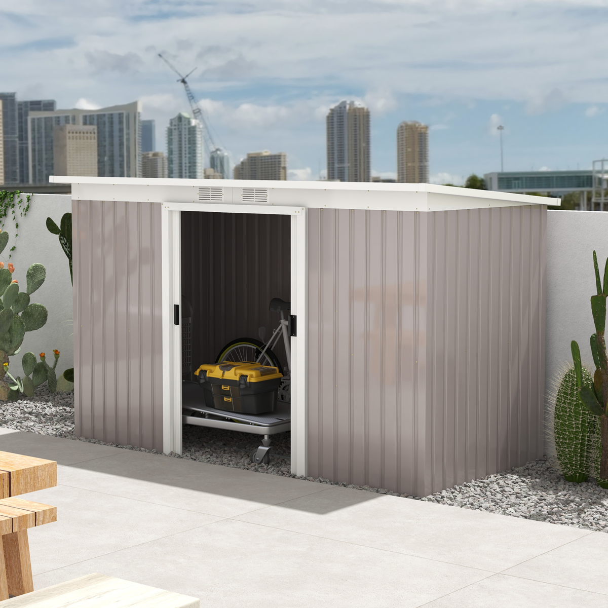 Light Grey Metal Garden Storage Shed with Tool Box, 280x130x158-172cm