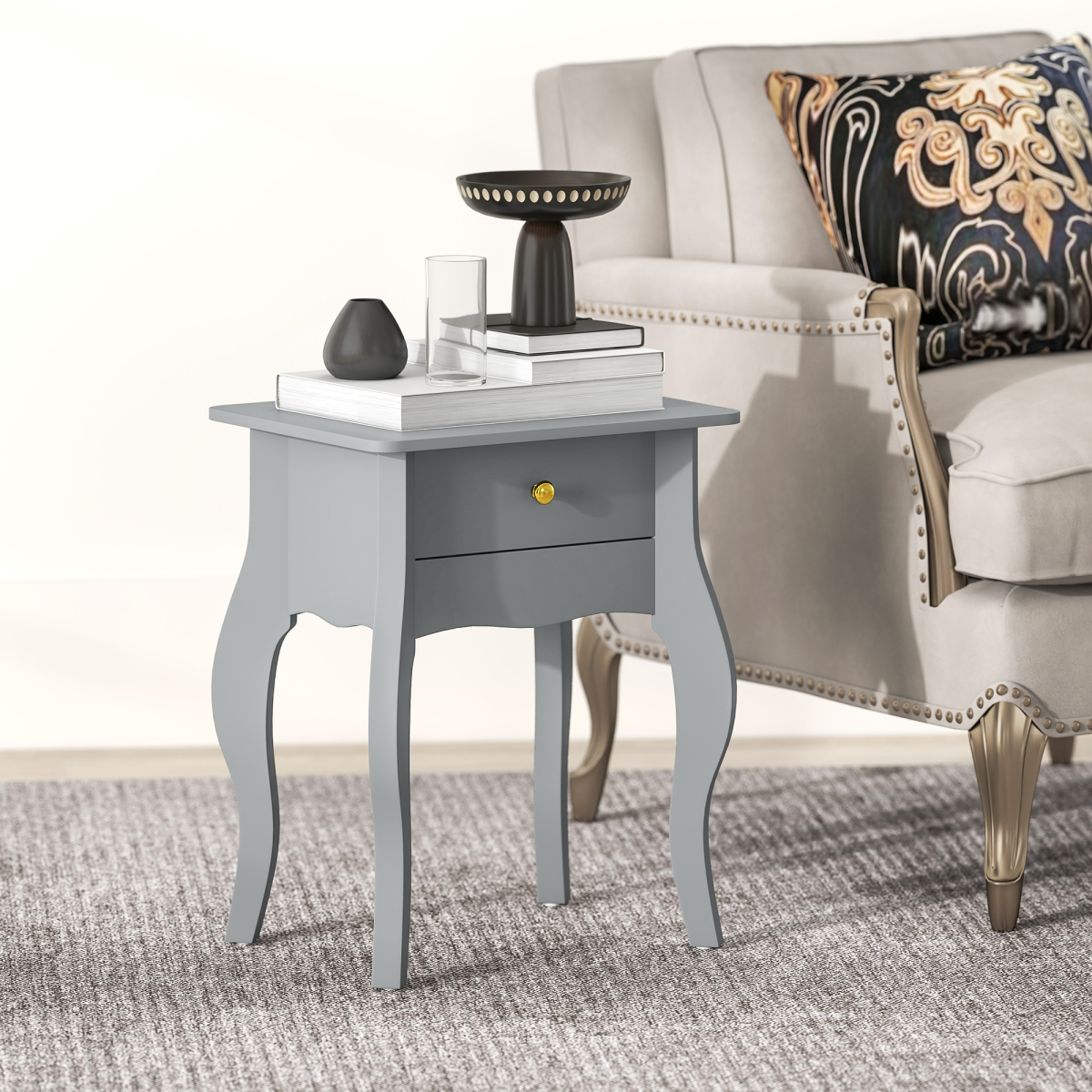 Chic French Style End Table with Drawer & Curved Legs - Grey Elegance