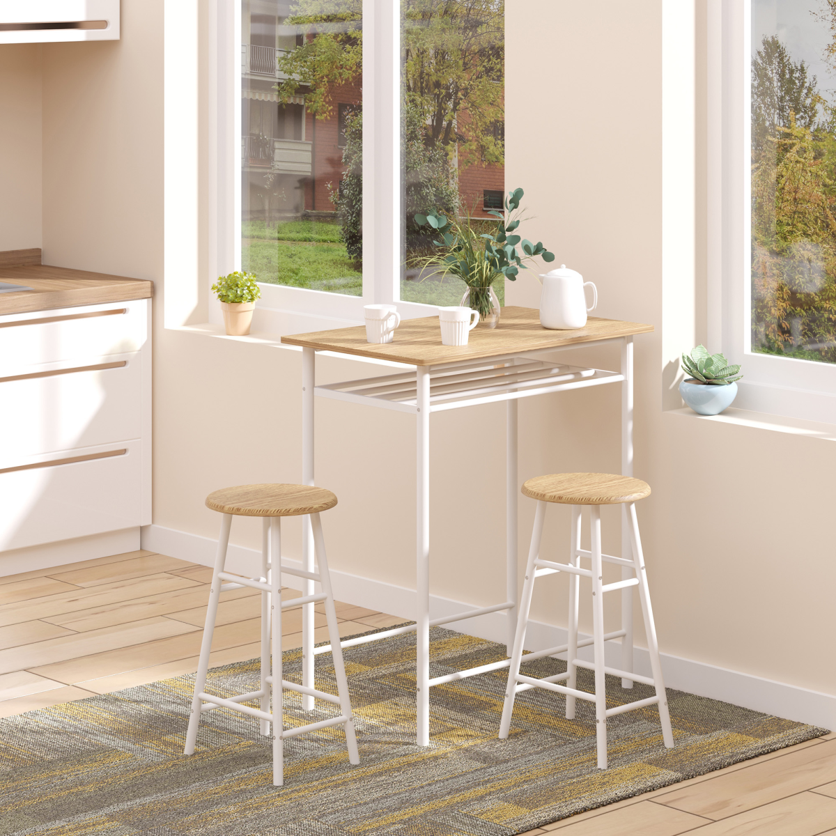 3-Piece Bar Height Kitchen Dining Set in White & Oak