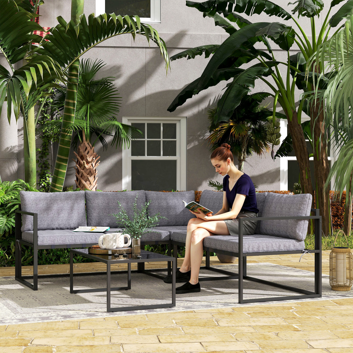 Grey 3-Piece L-Shaped Garden Furniture Set with Cushions & Glass Table