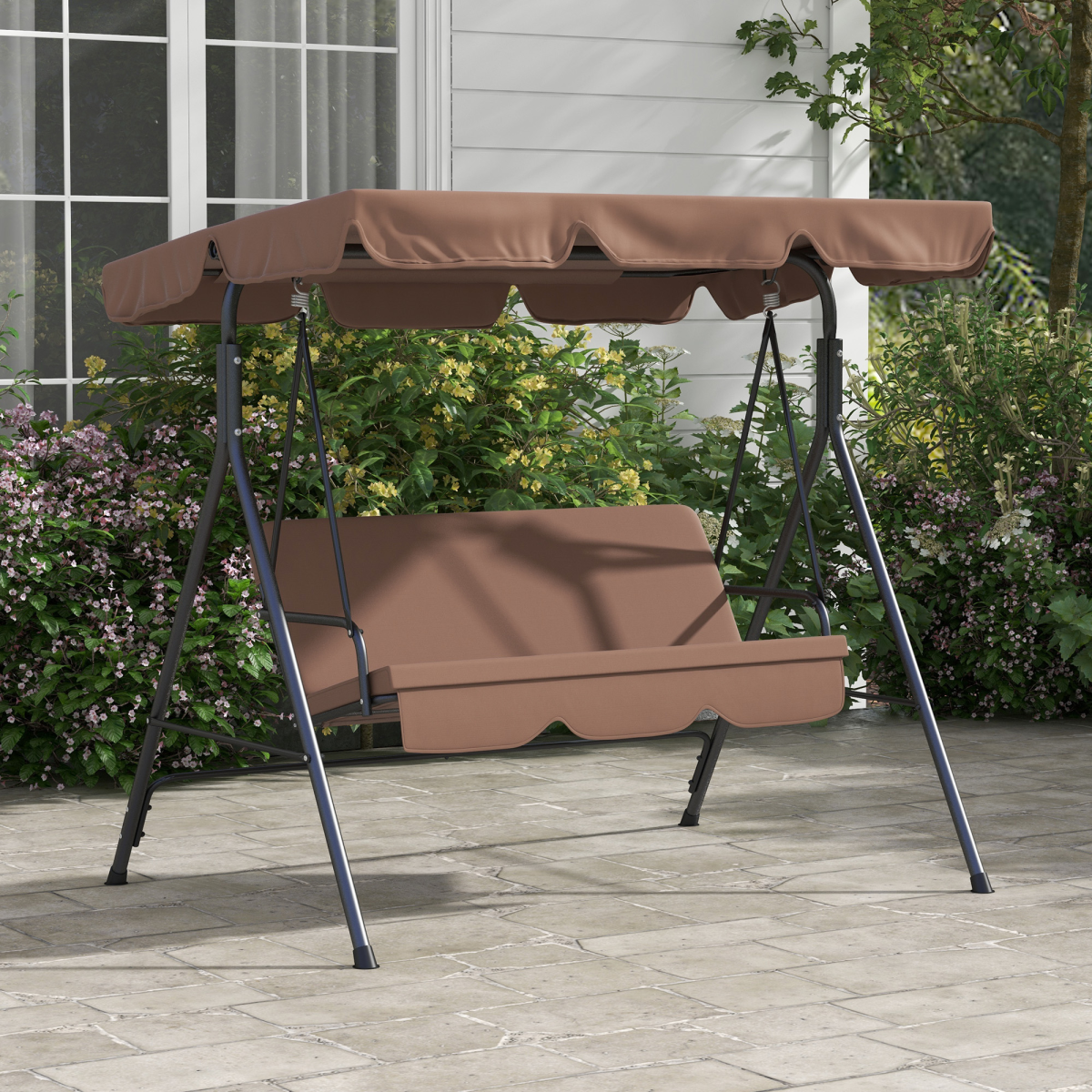 3-Person Porch Swing with Adjustable Canopy - Brown