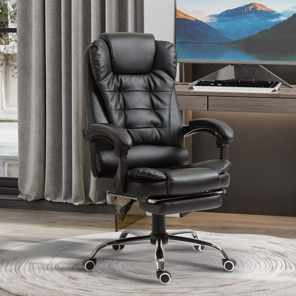 PU Leather High-Back Office Chair with Swivel Wheels - Black