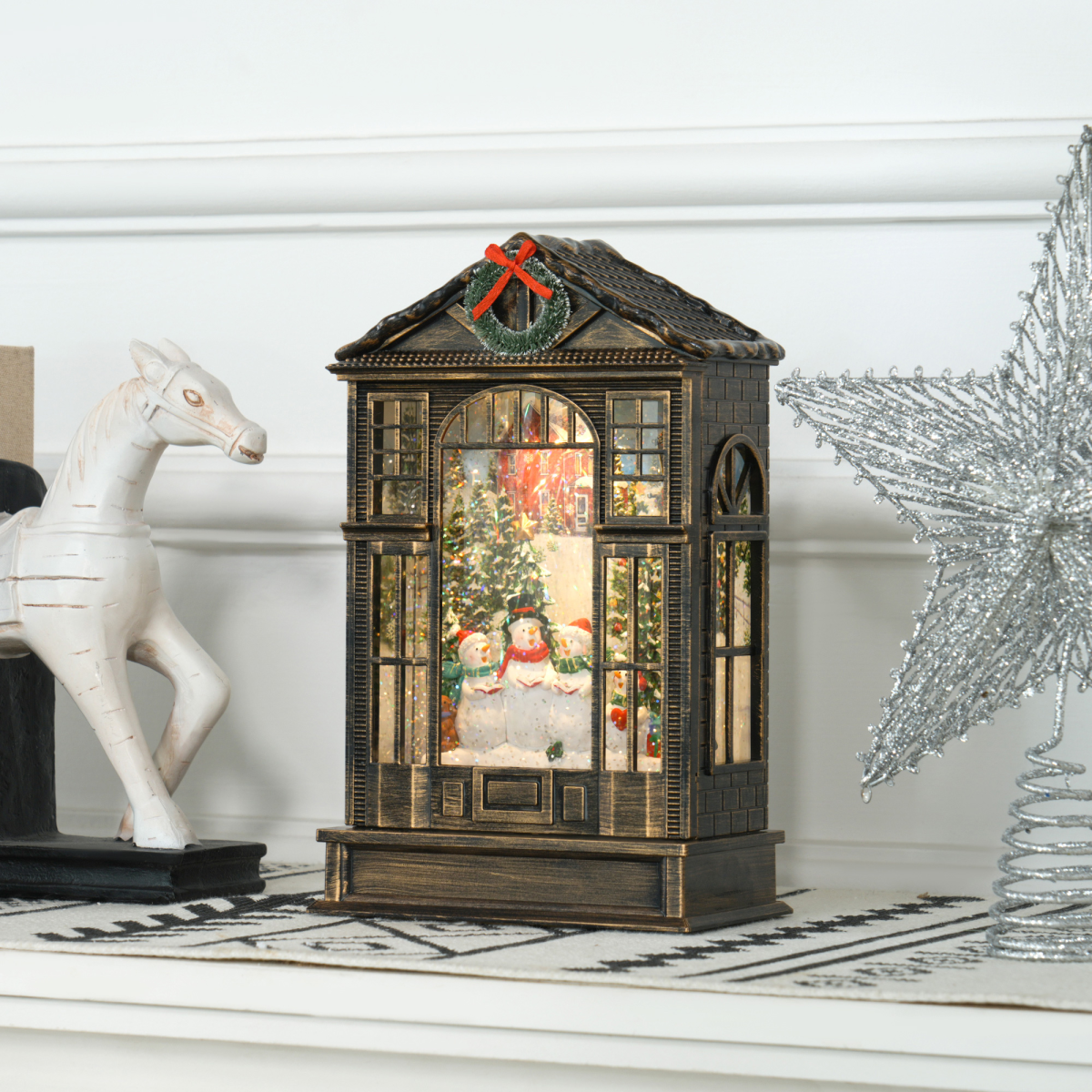 Christmas Snow Globe Lantern with Lights - Bronze Tone