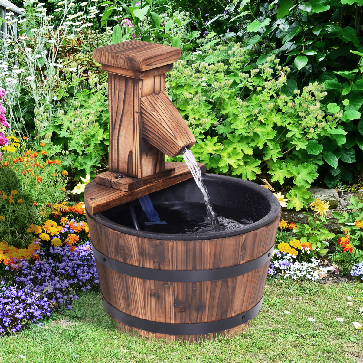 Wood Barrel Pump Water Fountain for Patio and Garden - Electric Water Feature