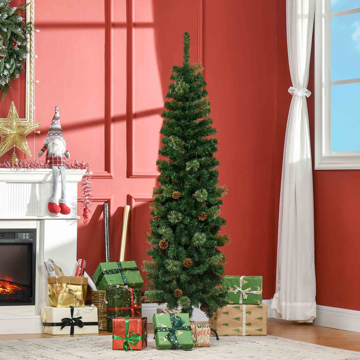 5.5ft Slim Artificial Christmas Tree with Pine Cones - Easy Setup (HOMCOM)