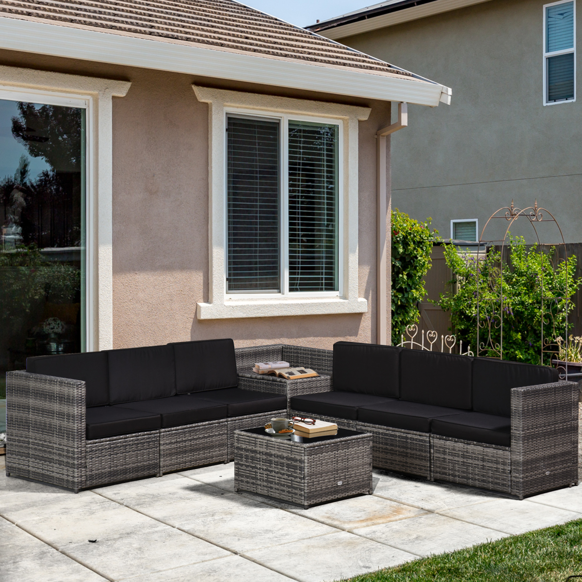 6-Seater Rattan Outdoor Sofa Set with Cushions – Grey