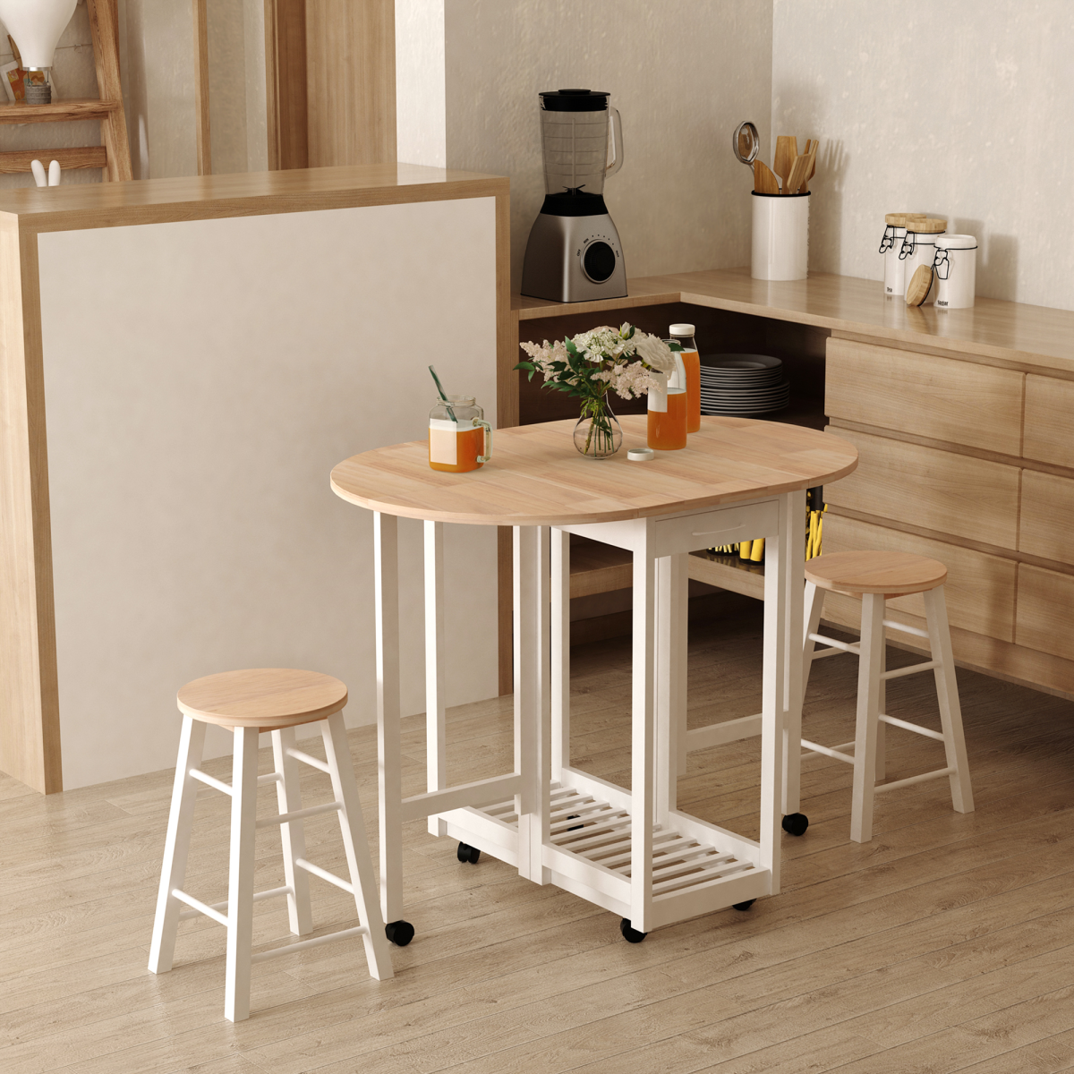 Versatile 3-Piece Wooden Kitchen Cart Set with Rolling Stools & Space-Saving Design