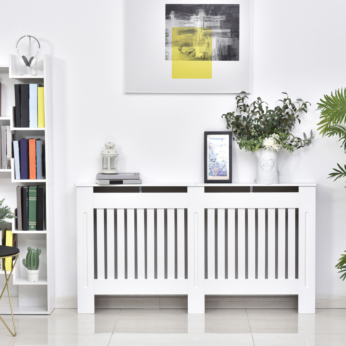 White Slatted Radiator Cover with Top Shelf, Anti-Tip MDF Cabinet 152x19x81cm