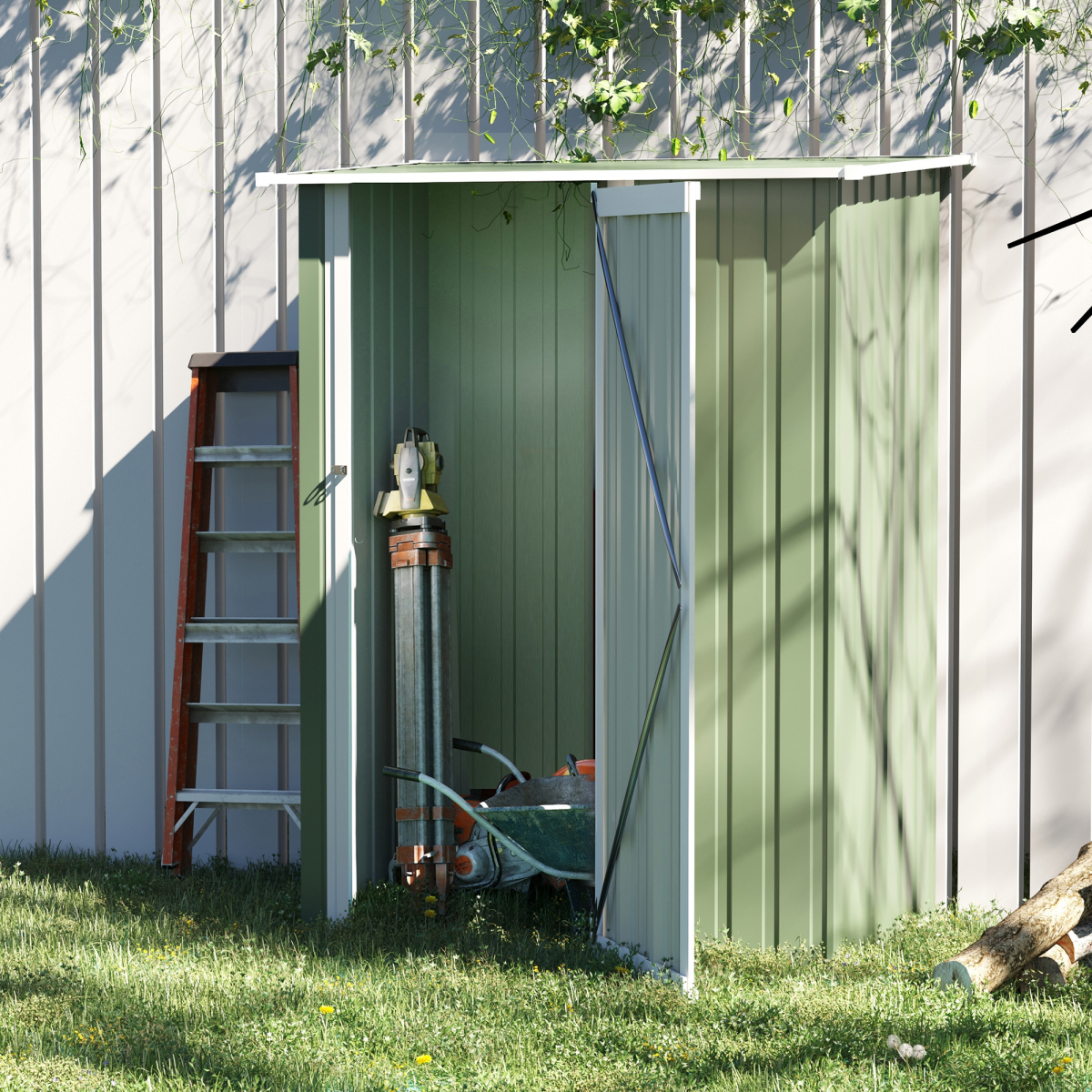 Green Garden Storage Shed with Sloped Roof and Lockable Door