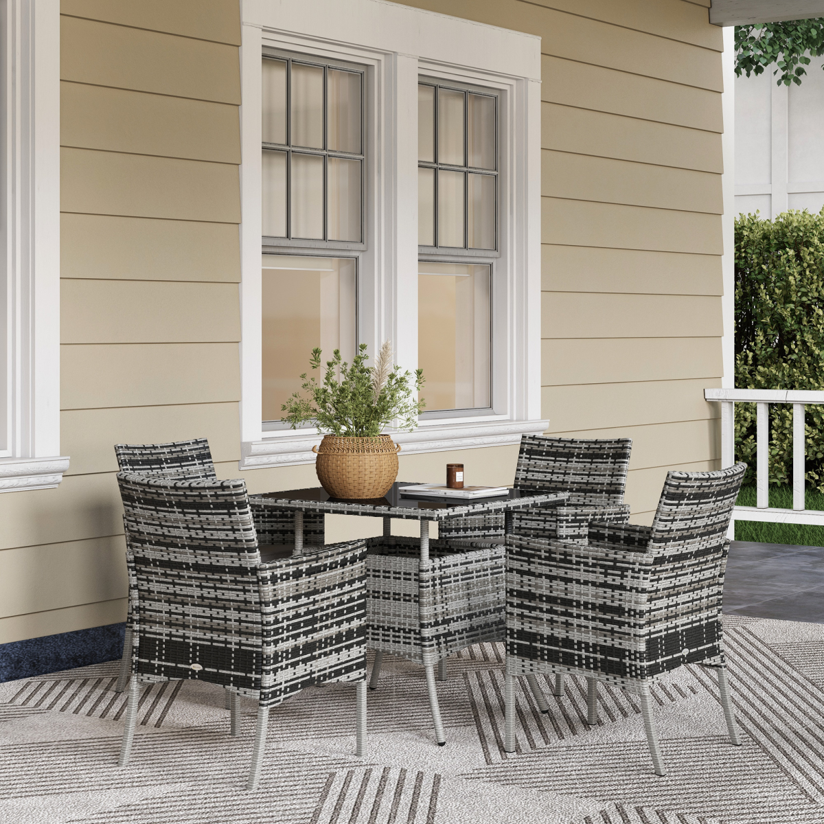 4-Piece Rattan Garden Set with Tempered Glass Table - Grey