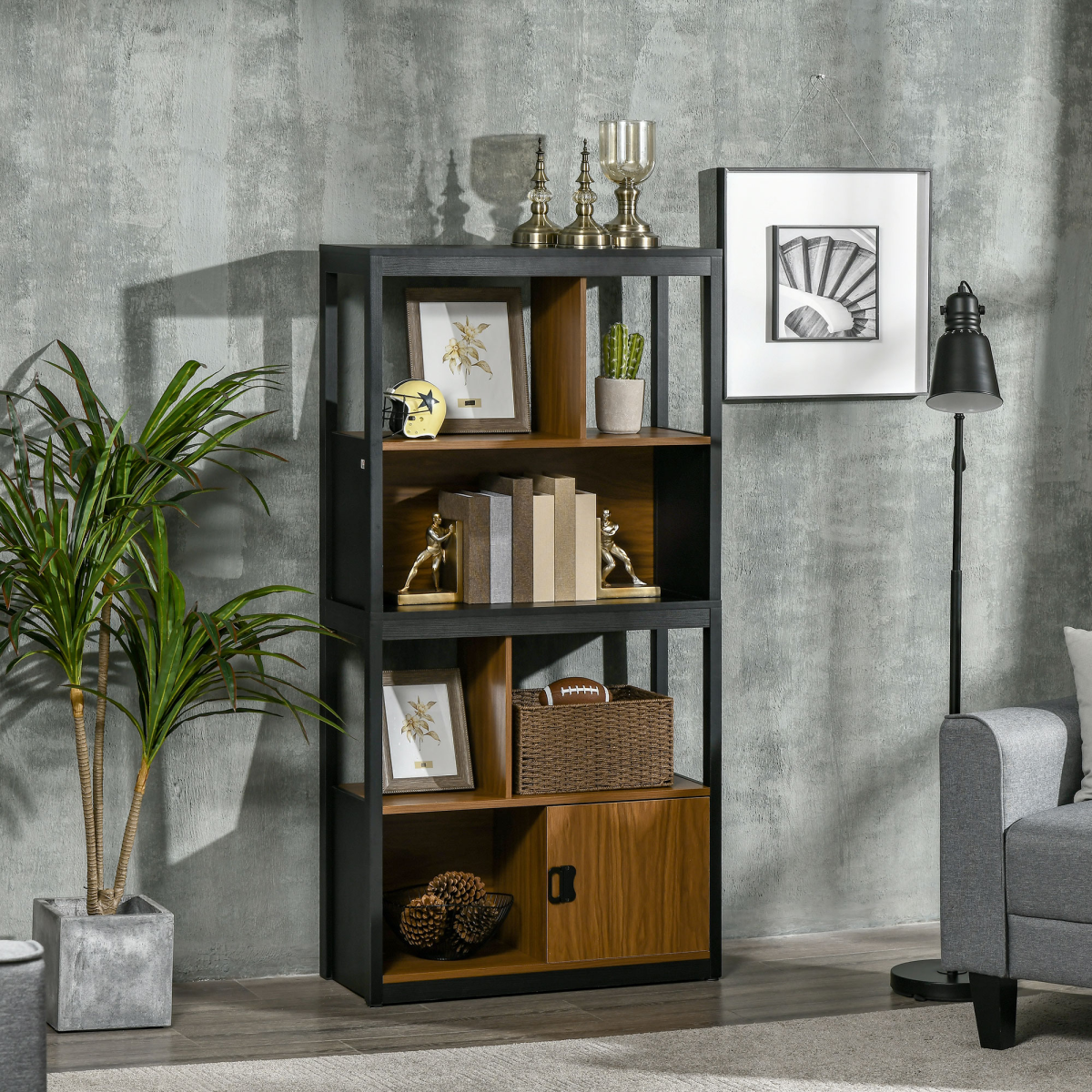 Stylish 4-Tier Freestanding Walnut Bookshelf with Storage & Anti-Tipping