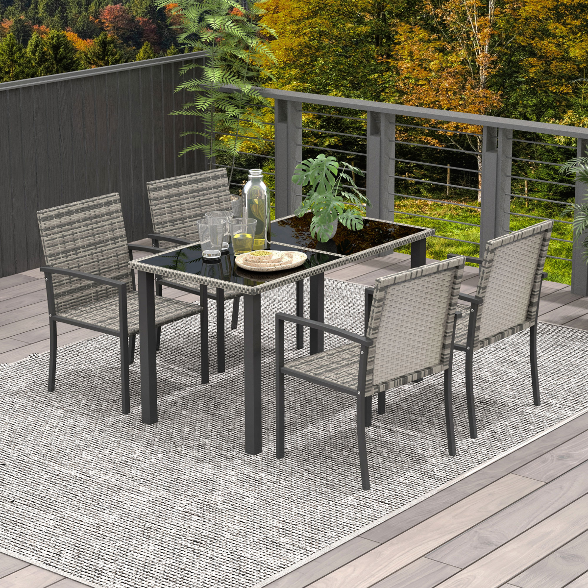 4-Seater Rattan Garden Set with Glass Tabletop, Mixed Grey